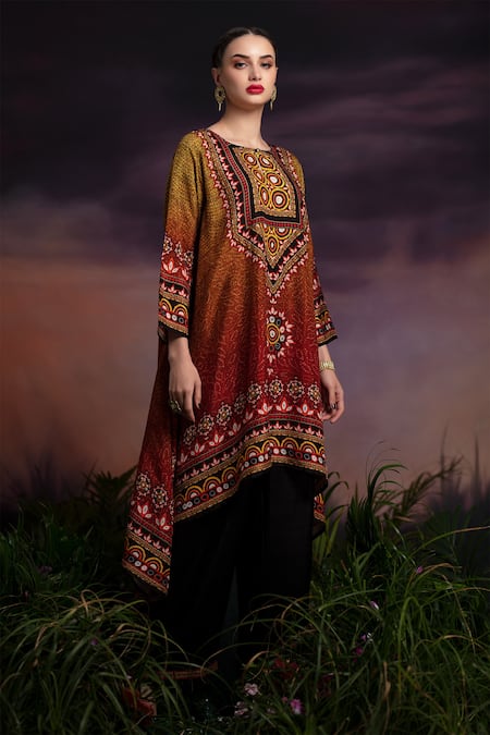 Rajdeep Ranawat_Red Silk Navya Asymmetric Tunic And Pant Set_Online_at_Aza_Fashions