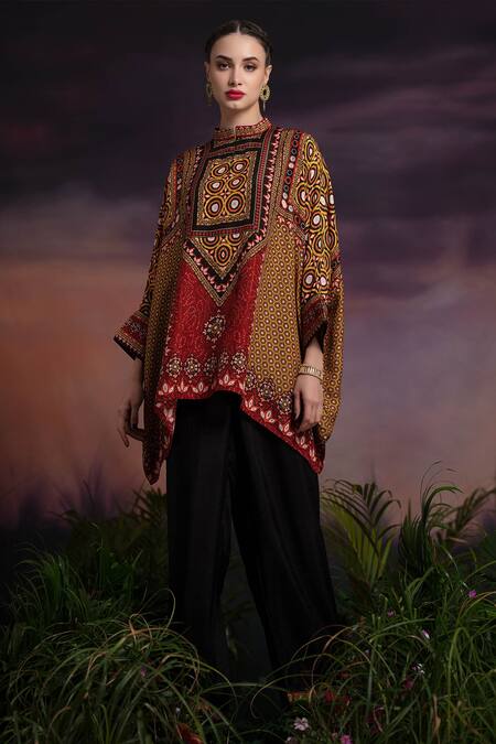 Buy_Rajdeep Ranawat_Yellow Silk Chanel Asymmetric Cape Tunic_Online_at_Aza_Fashions