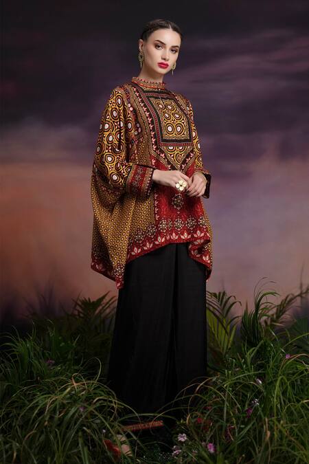 Rajdeep Ranawat_Yellow Silk Chanel Asymmetric Cape Tunic_Online_at_Aza_Fashions