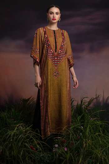 Buy_Rajdeep Ranawat_Green Silk Gayatri Printed Tunic_Online_at_Aza_Fashions
