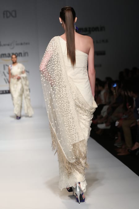 Shop_Rabani & Rakha_White Net Embroidery One Shoulder Saree Gown _at_Aza_Fashions