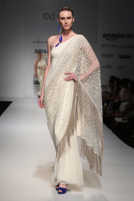 Rabani & Rakha_White Net Embroidery One Shoulder Saree Gown _Online_at_Aza_Fashions