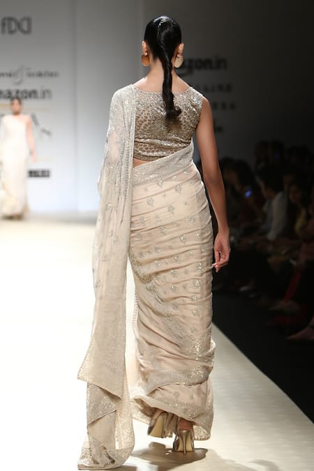 Shop_Rabani & Rakha_White Chiffon Round Sequins Foil Saree And Blouse Set _at_Aza_Fashions