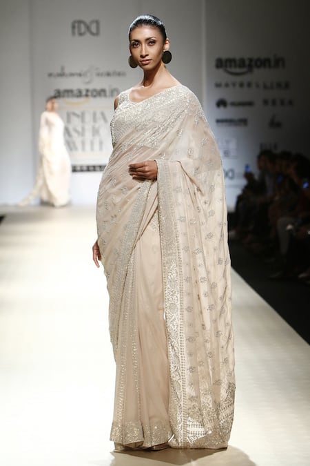 Rabani & Rakha_White Chiffon Round Sequins Foil Saree And Blouse Set _Online_at_Aza_Fashions