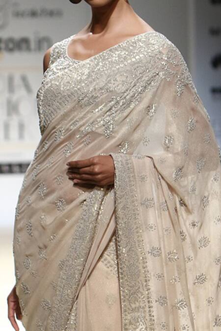 Buy_Rabani & Rakha_White Chiffon Round Sequins Foil Saree And Blouse Set _Online_at_Aza_Fashions