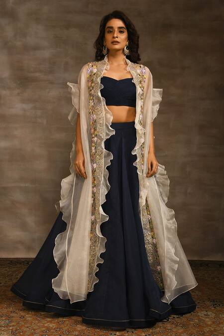 Radhika & Raghav Blue Silk Organza Embroidery Sequin Round Cape Lehenga Set 