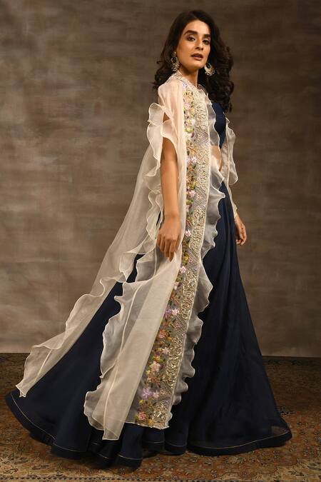 Radhika & Raghav_Blue Silk Organza Bead And Thread, Sequin Round Embroidered Cape Lehenga Set_Online_at_Aza_Fashions