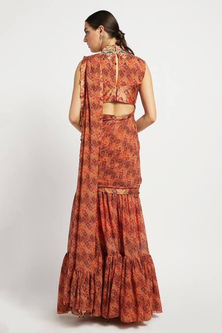 Shop_Rabani & Rakha_Peach Georgette Mandarin Collar Rabia Pre-draped Lehenga Saree _at_Aza_Fashions