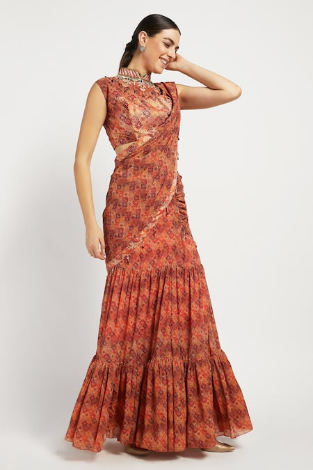 Rabani & Rakha_Peach Georgette Mandarin Collar Rabia Pre-draped Lehenga Saree _Online_at_Aza_Fashions