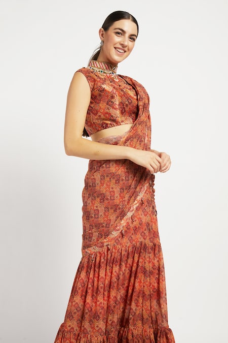 Shop_Rabani & Rakha_Peach Georgette Mandarin Collar Rabia Pre-draped Lehenga Saree _Online_at_Aza_Fashions
