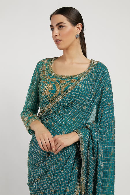 Buy_Rabani & Rakha_Green Georgette Round Zaynab Checkered Saree With Blouse _Online_at_Aza_Fashions