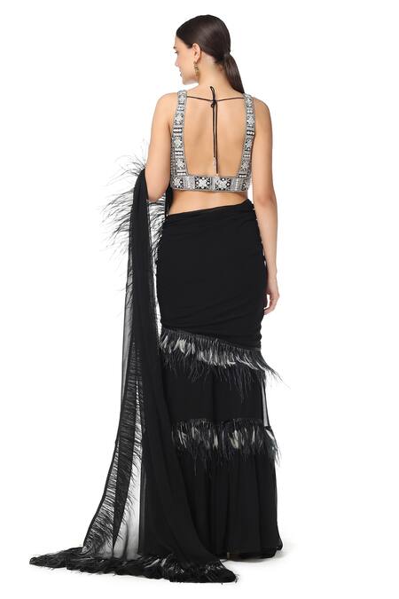 Shop_Rabani & Rakha_Black Georgette V Neck Embroidered Lehenga Saree With Blouse  _at_Aza_Fashions