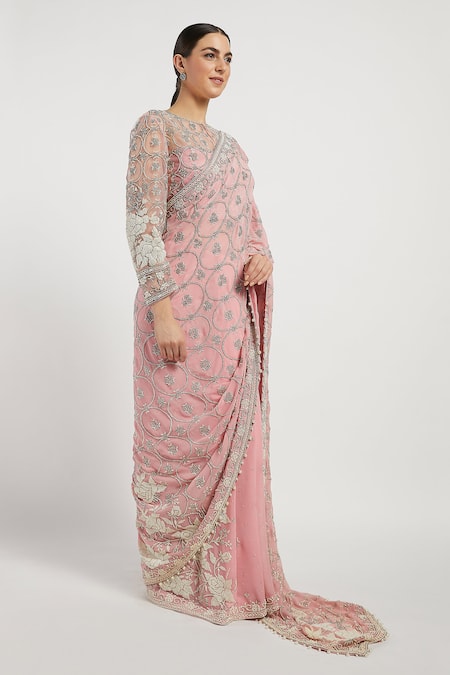 Rabani & Rakha_Pink Georgette Round Zaynab Saree With Blouse _Online_at_Aza_Fashions