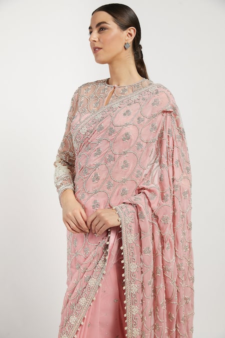 Buy_Rabani & Rakha_Pink Georgette Round Zaynab Saree With Blouse _Online_at_Aza_Fashions