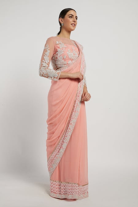 Rabani & Rakha_Pink Net, Chiffon Round Zaynab Saree With Blouse _Online_at_Aza_Fashions