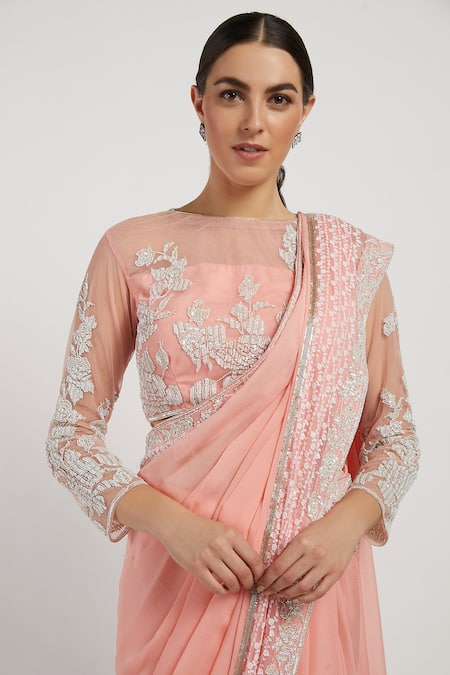 Buy_Rabani & Rakha_Pink Net, Chiffon Round Zaynab Saree With Blouse _Online_at_Aza_Fashions