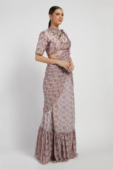 Rabani & Rakha_Pink Net, Georgette, Dupion Mandarin Collar Sairaa Pre-draped Lehenga Saree _Online_at_Aza_Fashions