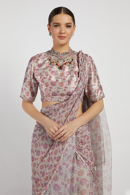 Buy_Rabani & Rakha_Pink Net, Georgette, Dupion Mandarin Collar Sairaa Pre-draped Lehenga Saree _Online_at_Aza_Fashions