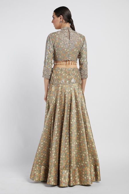 Shop Rabani & Rakha Gold Dupion, Sheeting Stand Collar Rabia Printed Lehenga Set at Aza Fashions Shop_Rabani & Rakha_Gold Dupion, Sheeting Stand Collar Rabia Printed Lehenga Set _at_Aza_Fashions