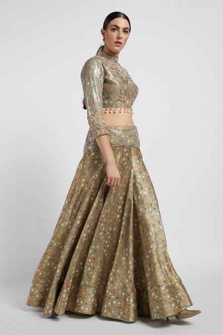 Rabani & Rakha Gold Dupion, Sheeting Stand Collar Rabia Printed Lehenga Set Online at Aza Fashions Rabani & Rakha_Gold Dupion, Sheeting Stand Collar Rabia Printed Lehenga Set _Online_at_Aza_Fashions