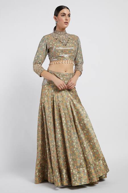Buy Rabani & Rakha Gold Dupion, Sheeting Stand Collar Rabia Printed Lehenga Set Online at Aza Fashions Buy_Rabani & Rakha_Gold Dupion, Sheeting Stand Collar Rabia Printed Lehenga Set _Online_at_Aza_Fashions