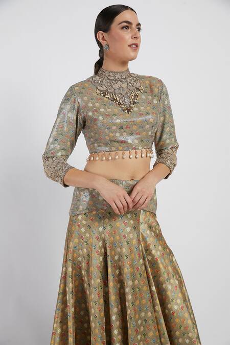 Shop Rabani & Rakha Gold Dupion, Sheeting Stand Collar Rabia Printed Lehenga Set Online at Aza Fashions Shop_Rabani & Rakha_Gold Dupion, Sheeting Stand Collar Rabia Printed Lehenga Set _Online_at_Aza_Fashions