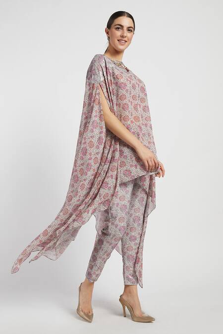 Rabani & Rakha Pink Georgette, Sheeting Round Lana Kaftan Cape And Pant Set Online at Aza Fashions Rabani & Rakha_Pink Georgette, Sheeting Round Lana Kaftan Cape And Pant Set _Online_at_Aza_Fashions