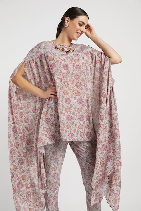 Buy Rabani & Rakha Pink Georgette, Sheeting Round Lana Kaftan Cape And Pant Set Online at Aza Fashions Buy_Rabani & Rakha_Pink Georgette, Sheeting Round Lana Kaftan Cape And Pant Set _Online_at_Aza_Fashions