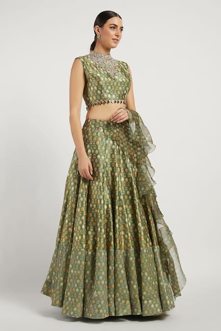 Rabani & Rakha_Green Organza, Dupion Stand Collar Rabia Printed Lehenga Set _Online_at_Aza_Fashions