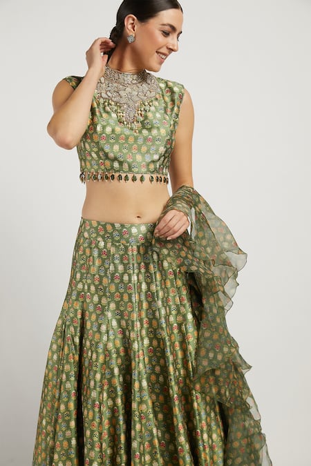 Buy_Rabani & Rakha_Green Organza, Dupion Stand Collar Rabia Printed Lehenga Set _Online_at_Aza_Fashions