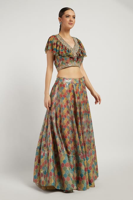 Rabani & Rakha_Multi Color Georgette, Sheeting V Neck Rabia Printed Lehenga Set _Online_at_Aza_Fashions