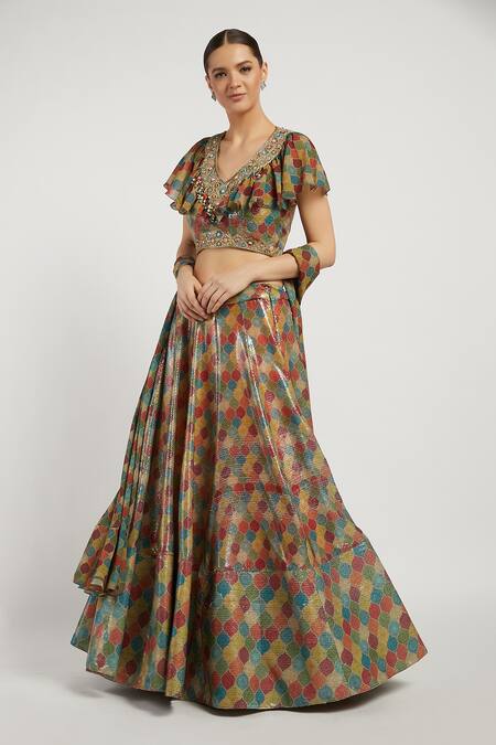 Buy_Rabani & Rakha_Multi Color Georgette, Sheeting V Neck Rabia Printed Lehenga Set _Online_at_Aza_Fashions