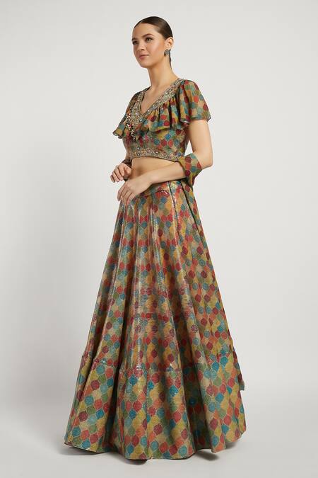 Shop_Rabani & Rakha_Multi Color Georgette, Sheeting V Neck Rabia Printed Lehenga Set _Online_at_Aza_Fashions