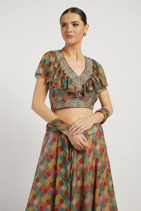Rabani & Rakha_Multi Color Georgette, Sheeting V Neck Rabia Printed Lehenga Set _at_Aza_Fashions