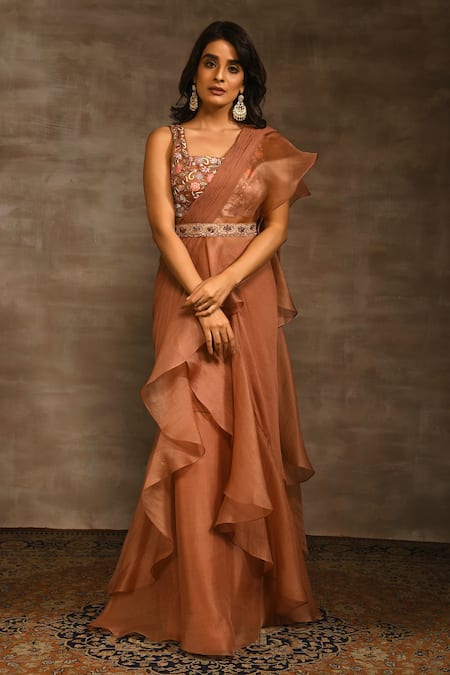 Radhika & Raghav Brown Chiffon Embroidery Thread Ruffle Pre-stitched Saree With Blouse  