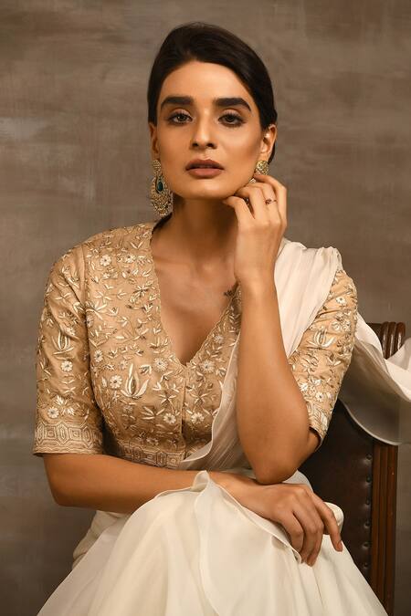 Buy_Radhika & Raghav_White Chiffon, Silk Organza And Crepe Thread Ruffle Pre-stitched Saree With Blouse_Online_at_Aza_Fashions