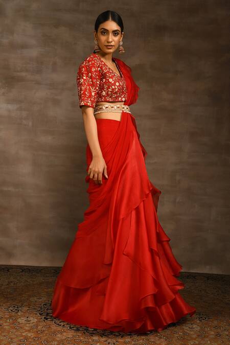 Radhika & Raghav_Red Raw , Chiffon, Organza And Ruffle Pre-stitched Saree With Blouse_Online_at_Aza_Fashions