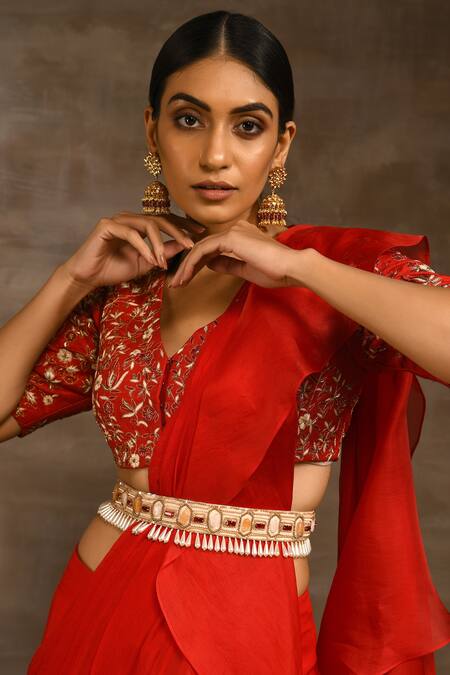 Buy_Radhika & Raghav_Red Raw , Chiffon, Organza And Ruffle Pre-stitched Saree With Blouse_Online_at_Aza_Fashions