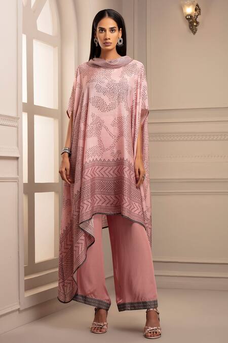 Rajdeep Ranawat_Pink Silk Cowl Asymmetric Draped Tunic And Pant Set_Online_at_Aza_Fashions