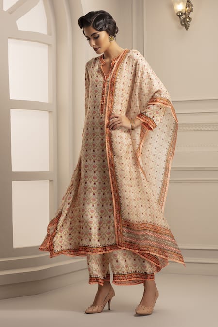 Rajdeep Ranawat Beige Silk Band Collar Flared Kurta Set  