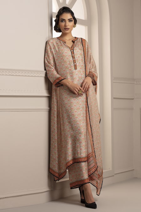 Buy_Rajdeep Ranawat_Grey Silk Band Collar Flared Kurta Set_Online_at_Aza_Fashions