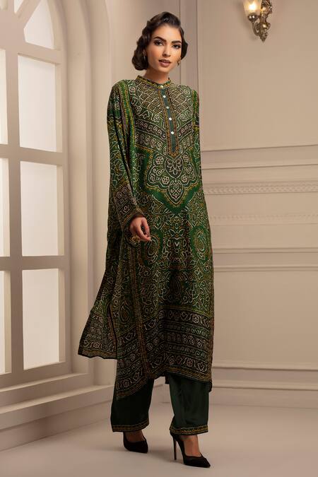 Rajdeep Ranawat Green Silk Mandarin Collar Kurta And Pant Set Online at Aza Fashions Rajdeep Ranawat_Green Silk Mandarin Collar Kurta And Pant Set_Online_at_Aza_Fashions