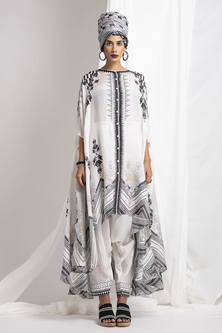 Rajdeep Ranawat White Silk Round Cape Tunic And Draped Pant Set  