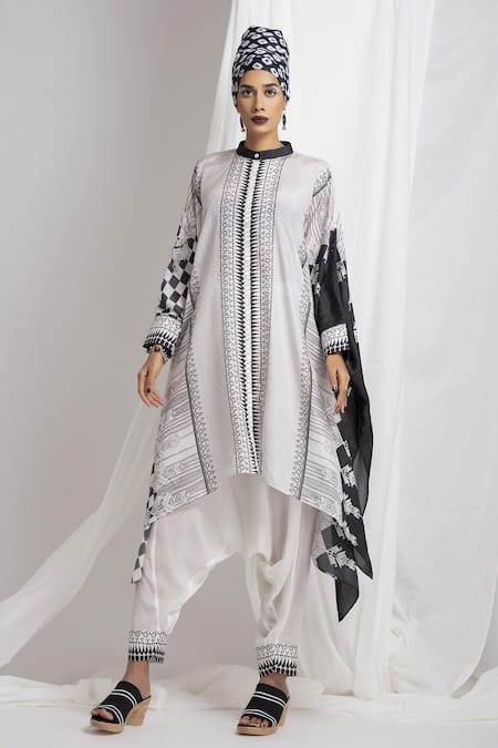 Buy_Rajdeep Ranawat_White Silk Mandarin Collar Kaftan Tunic And Draped Pant Set_Online_at_Aza_Fashions