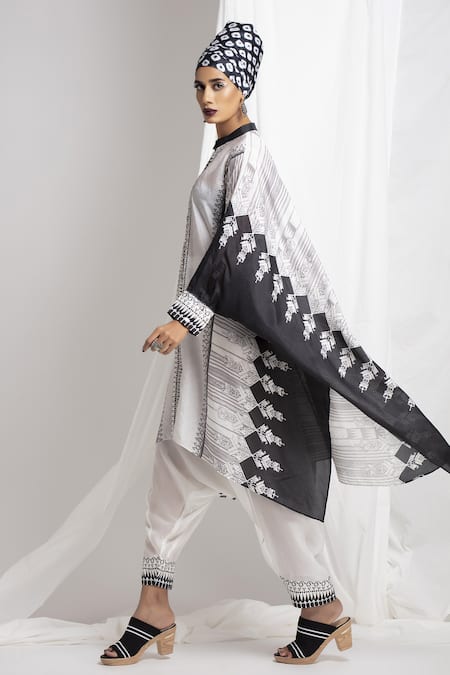Rajdeep Ranawat_White Silk Mandarin Collar Kaftan Tunic And Draped Pant Set_Online_at_Aza_Fashions