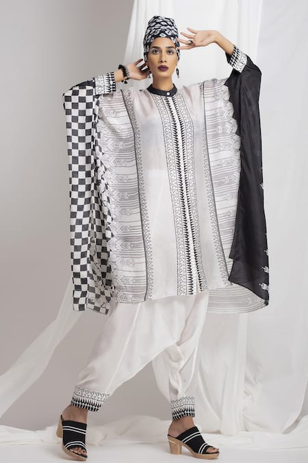 Shop_Rajdeep Ranawat_White Silk Mandarin Collar Kaftan Tunic And Draped Pant Set_Online_at_Aza_Fashions