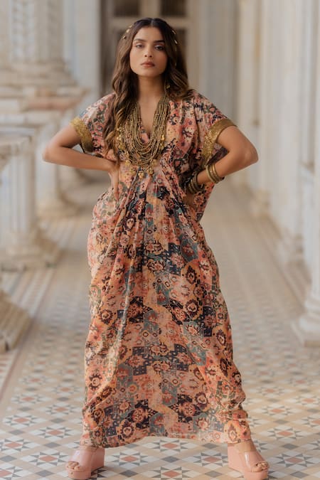 Buy_Nikita Vishakha_Red Silk Persian Pattern And Sequin Work V Neck Printed Waterfall Kaftan_Online_at_Aza_Fashions