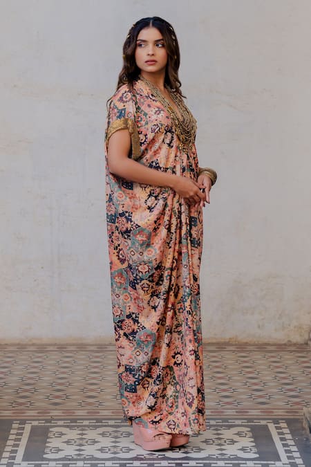 Nikita Vishakha_Red Silk Persian Pattern And Sequin Work V Neck Printed Waterfall Kaftan_Online_at_Aza_Fashions