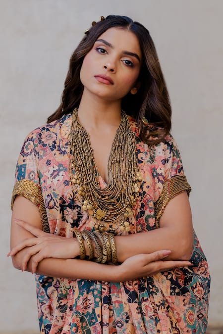 Shop_Nikita Vishakha_Red Silk Persian Pattern And Sequin Work V Neck Printed Waterfall Kaftan_Online_at_Aza_Fashions