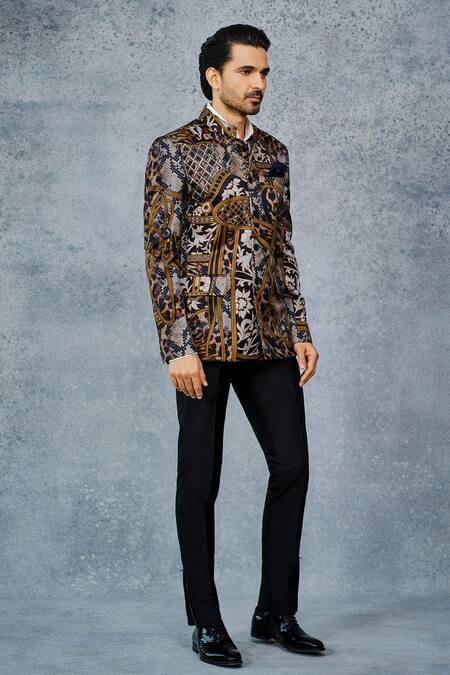 Buy_Raghavendra Rathore Jodhpur_Multi Color Linen Silk Print Bandhgala _Online_at_Aza_Fashions